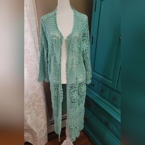 POL Aqua Blue Crochet Open Front Duster